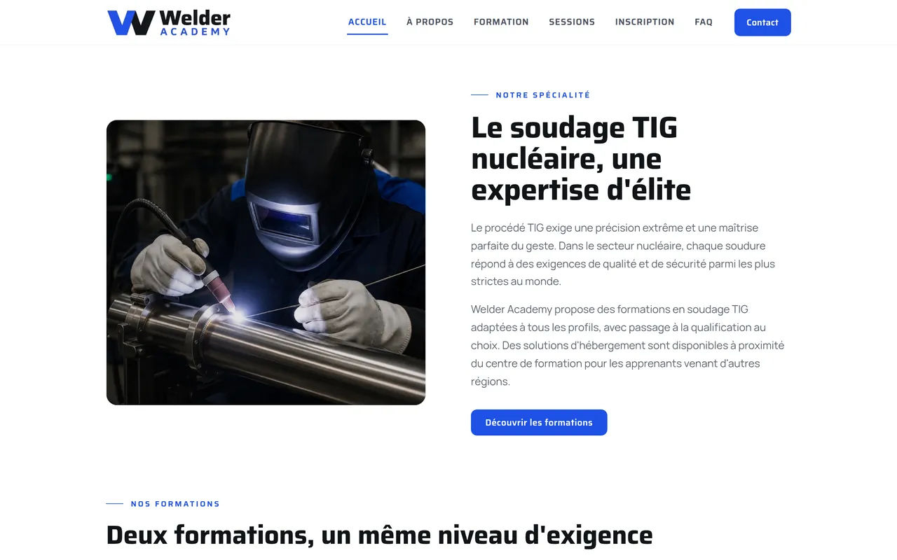 Section « Notre spécialité » de l’accueil du site de Welder Academy, sur ordinateur.