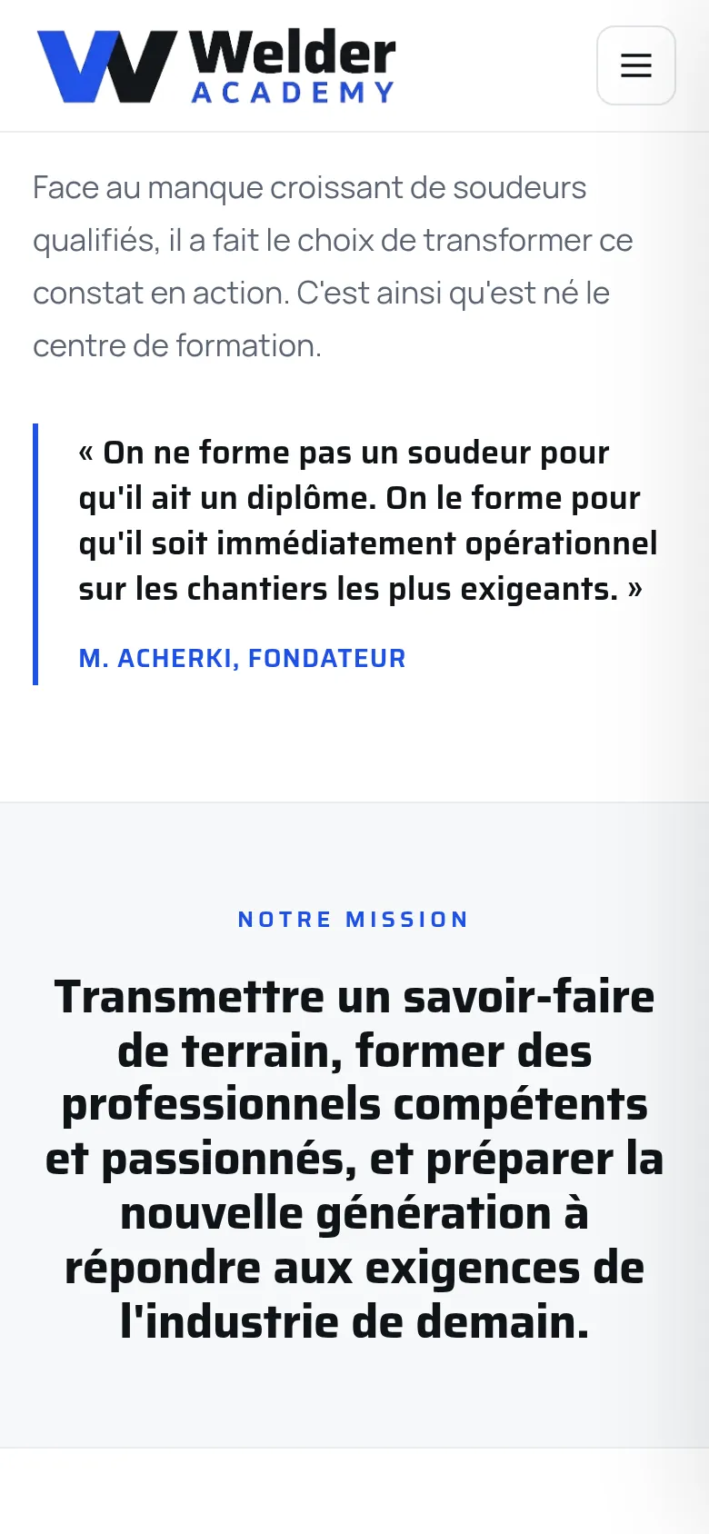 Section « L’histoire du fondateur » de la page « À propos » du site de Welder Academy, sur téléphone.