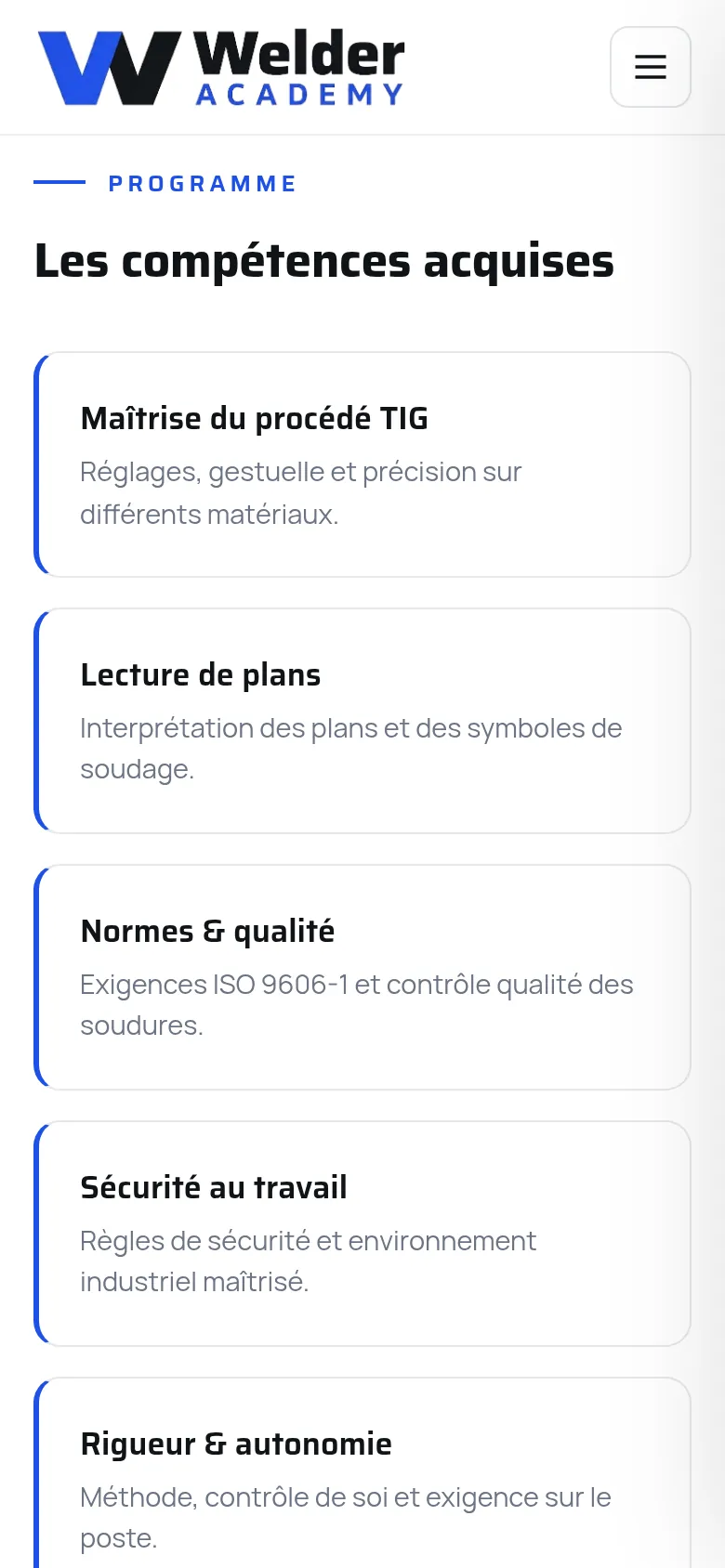 Section « Les compétences acquises » de la page « Formation » du site de Welder Academy, sur téléphone.
