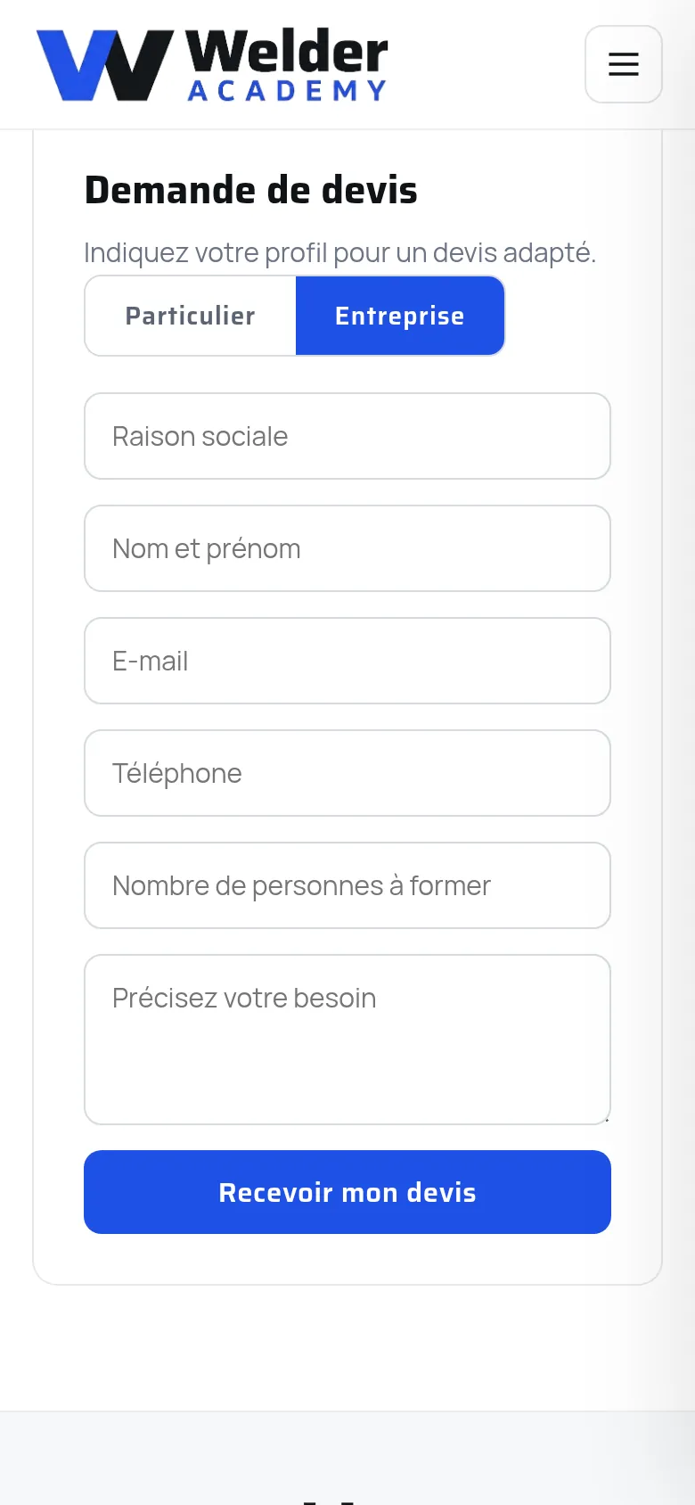 Section « Demande de devis » de la page « Contact » du site de Welder Academy, sur téléphone.