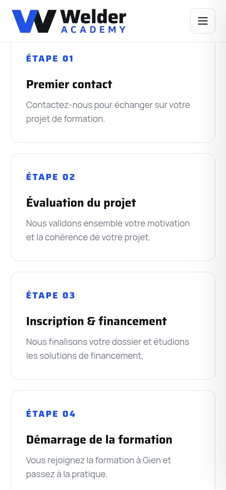 Section « Les quatre étapes » de la page « Inscription » du site de Welder Academy, sur téléphone.