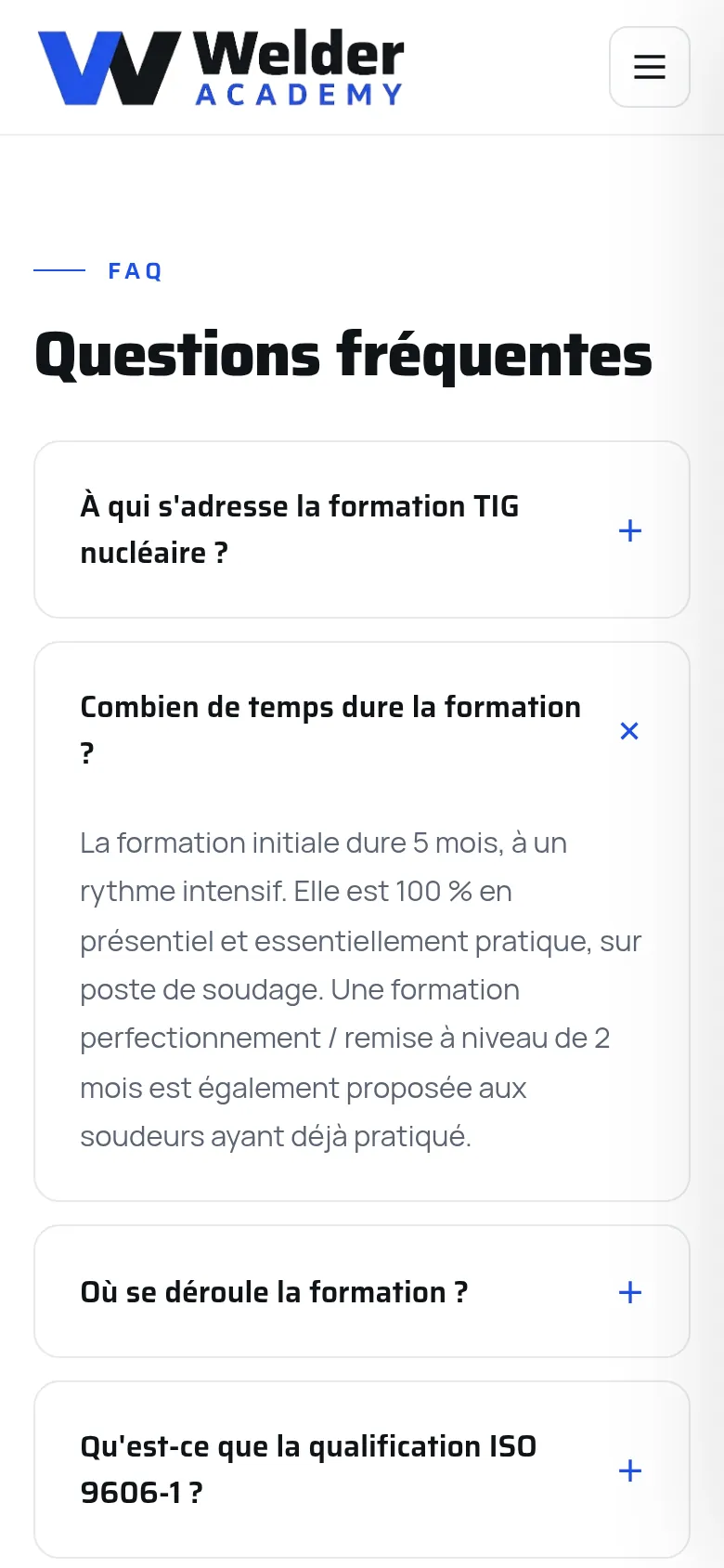 Page « FAQ » du site de Welder Academy, sur téléphone.