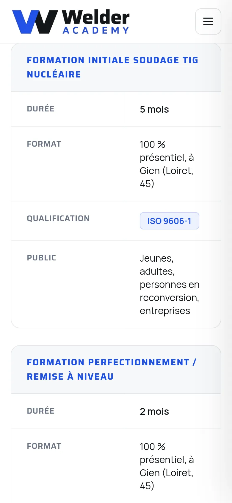 Section « Formation initiale » de la page « Formation » du site de Welder Academy, sur téléphone.