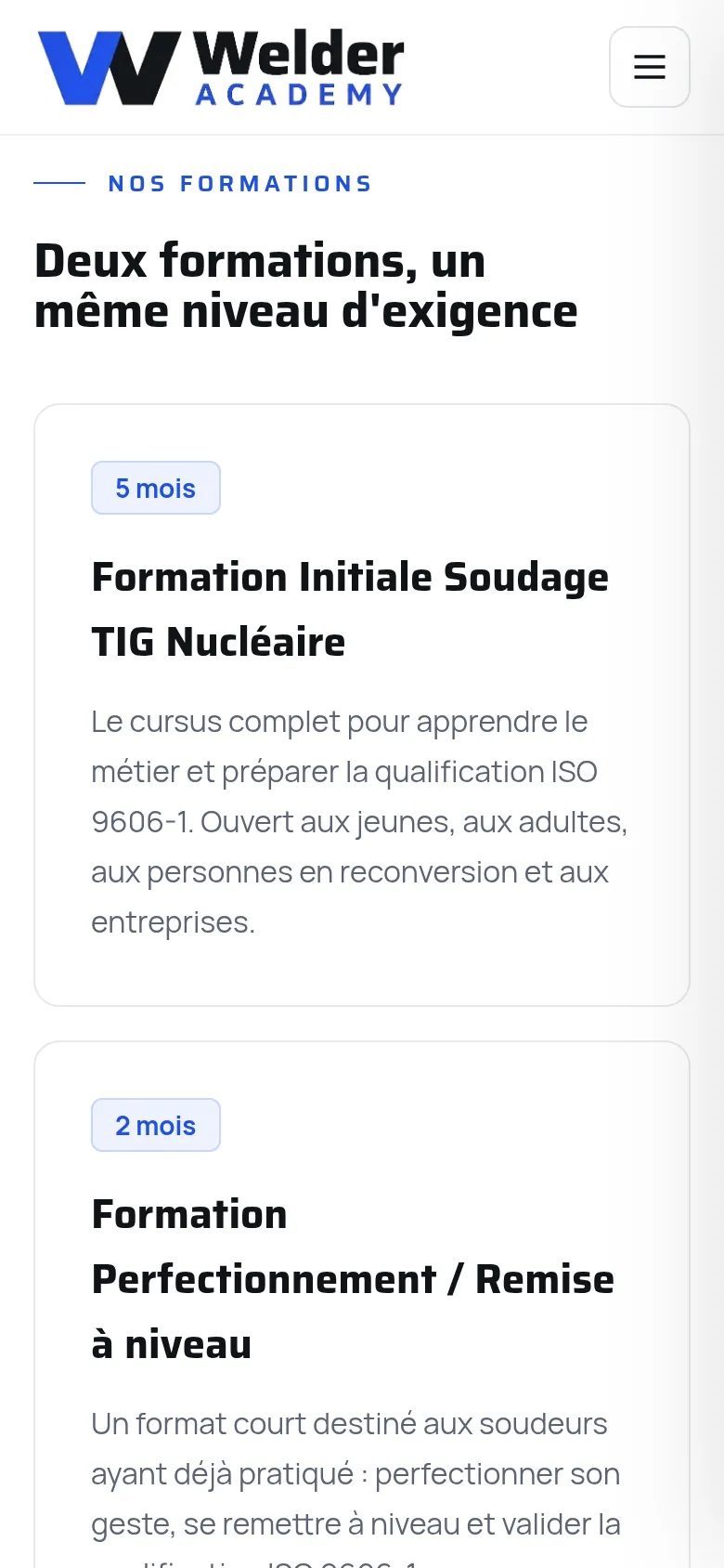 Section « Nos formations » de l’accueil du site de Welder Academy, sur téléphone.