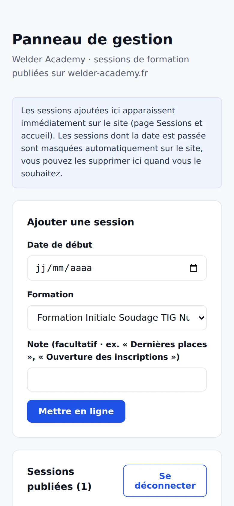 Panneau de gestion des sessions du site de Welder Academy, sur téléphone.