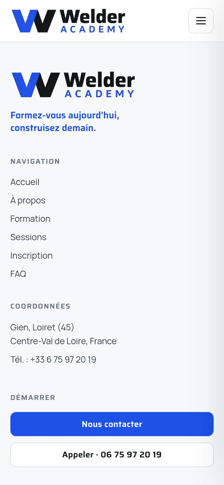 Section « Pied de page » de l’accueil du site de Welder Academy, sur téléphone.