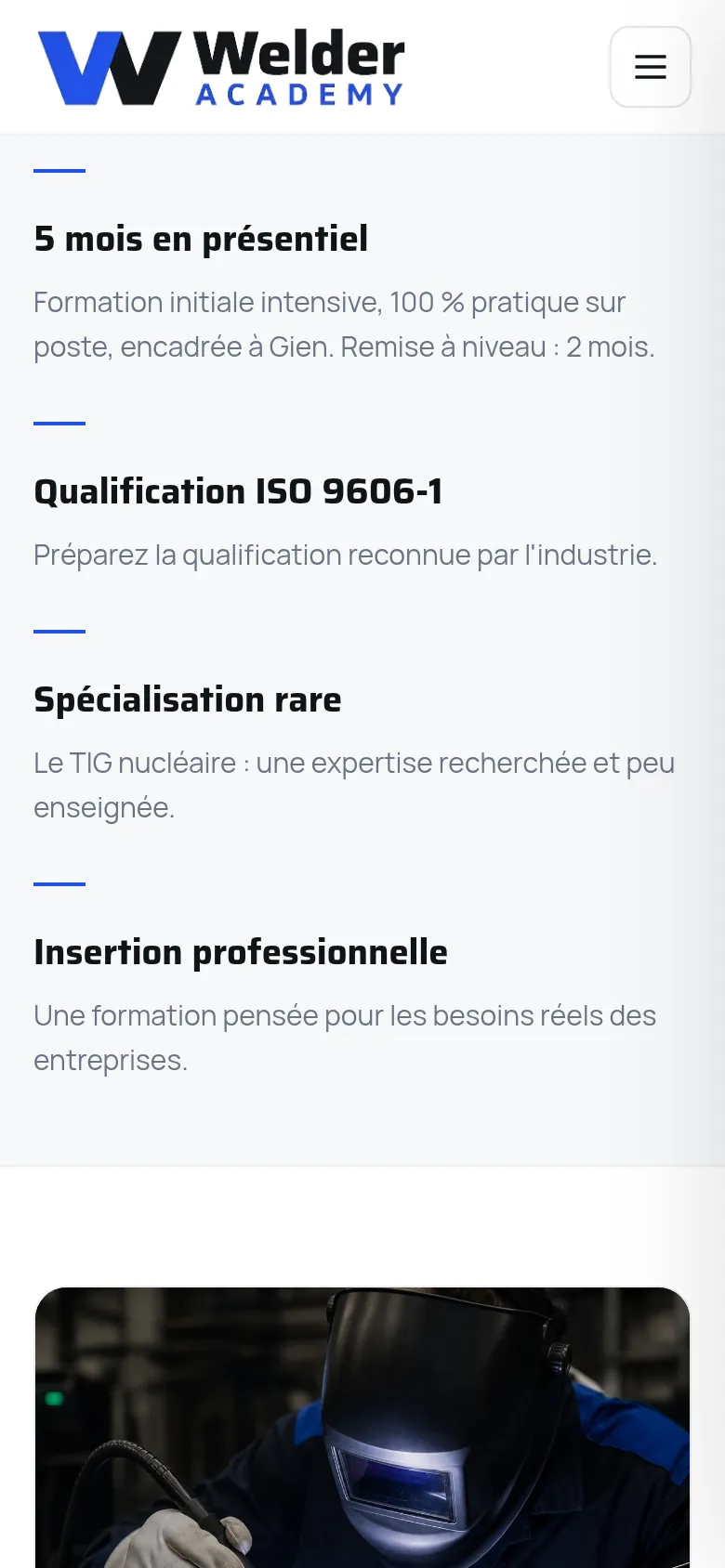 Section « Les points clés » de l’accueil du site de Welder Academy, sur téléphone.