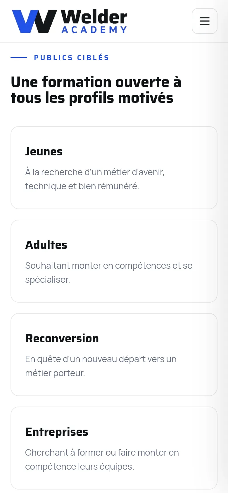 Section « Publics ciblés » de la page « À propos » du site de Welder Academy, sur téléphone.