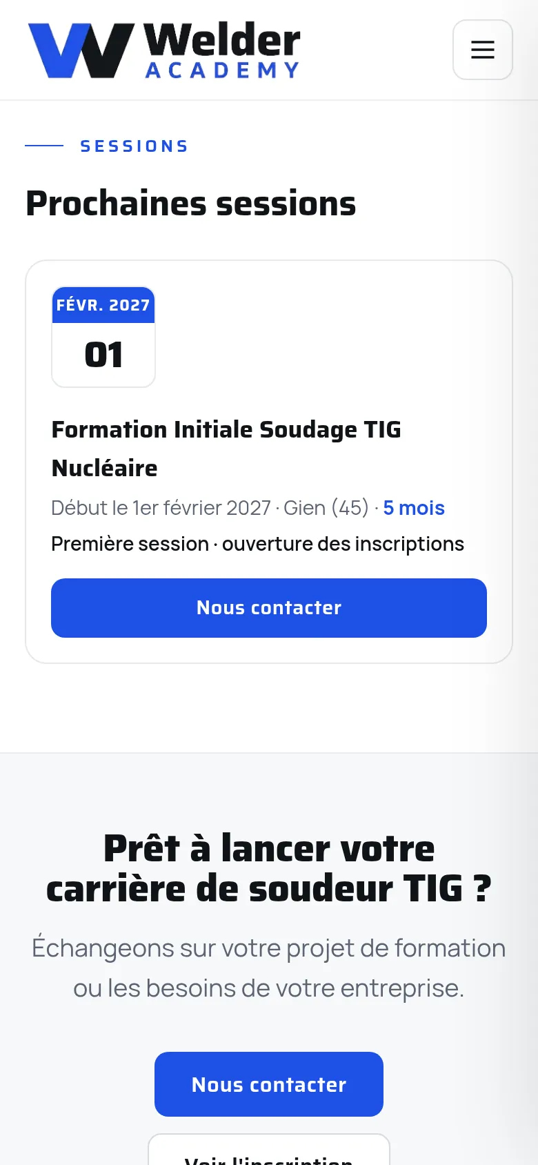 Section « Prochaines sessions » de l’accueil du site de Welder Academy, sur téléphone.