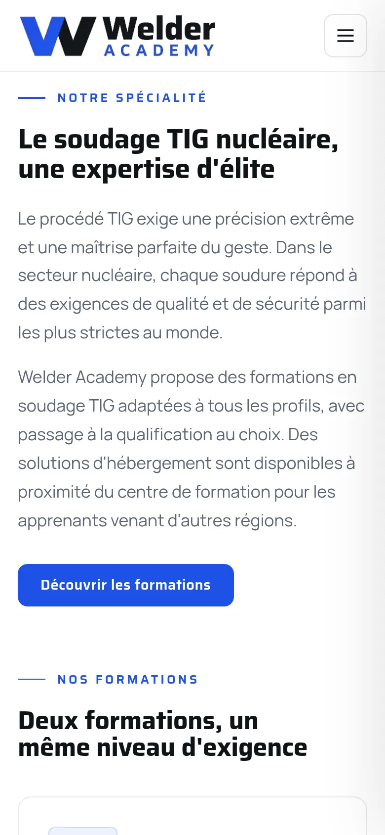 Section « Notre spécialité » de l’accueil du site de Welder Academy, sur téléphone.