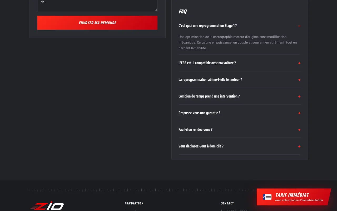 La question « C’est quoi une reprogrammation Stage 1 ? » ouverte dans la FAQ du site de ZIO PERF, sur ordinateur.