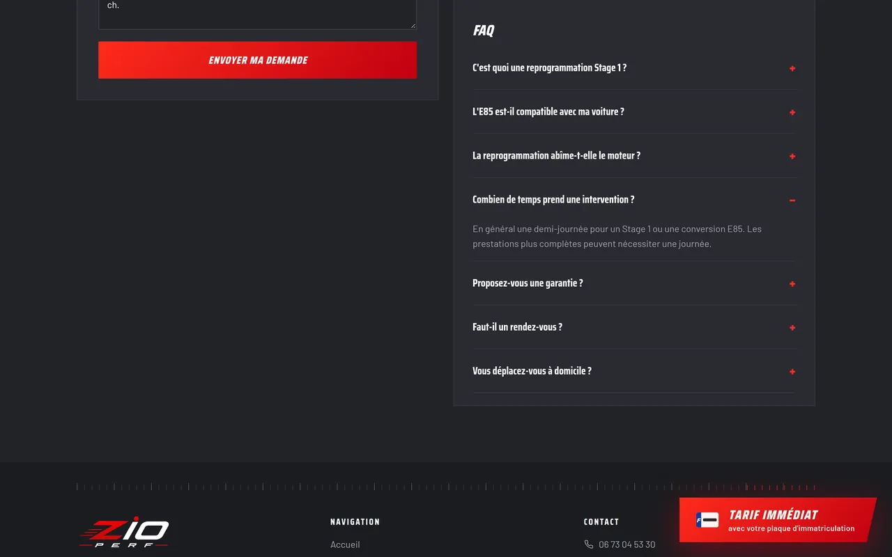 La question « Combien de temps prend une intervention ? » ouverte dans la FAQ du site de ZIO PERF, sur ordinateur.