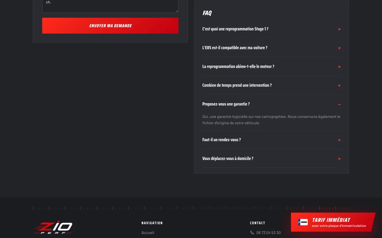 La question « Proposez-vous une garantie ? » ouverte dans la FAQ du site de ZIO PERF, sur ordinateur.