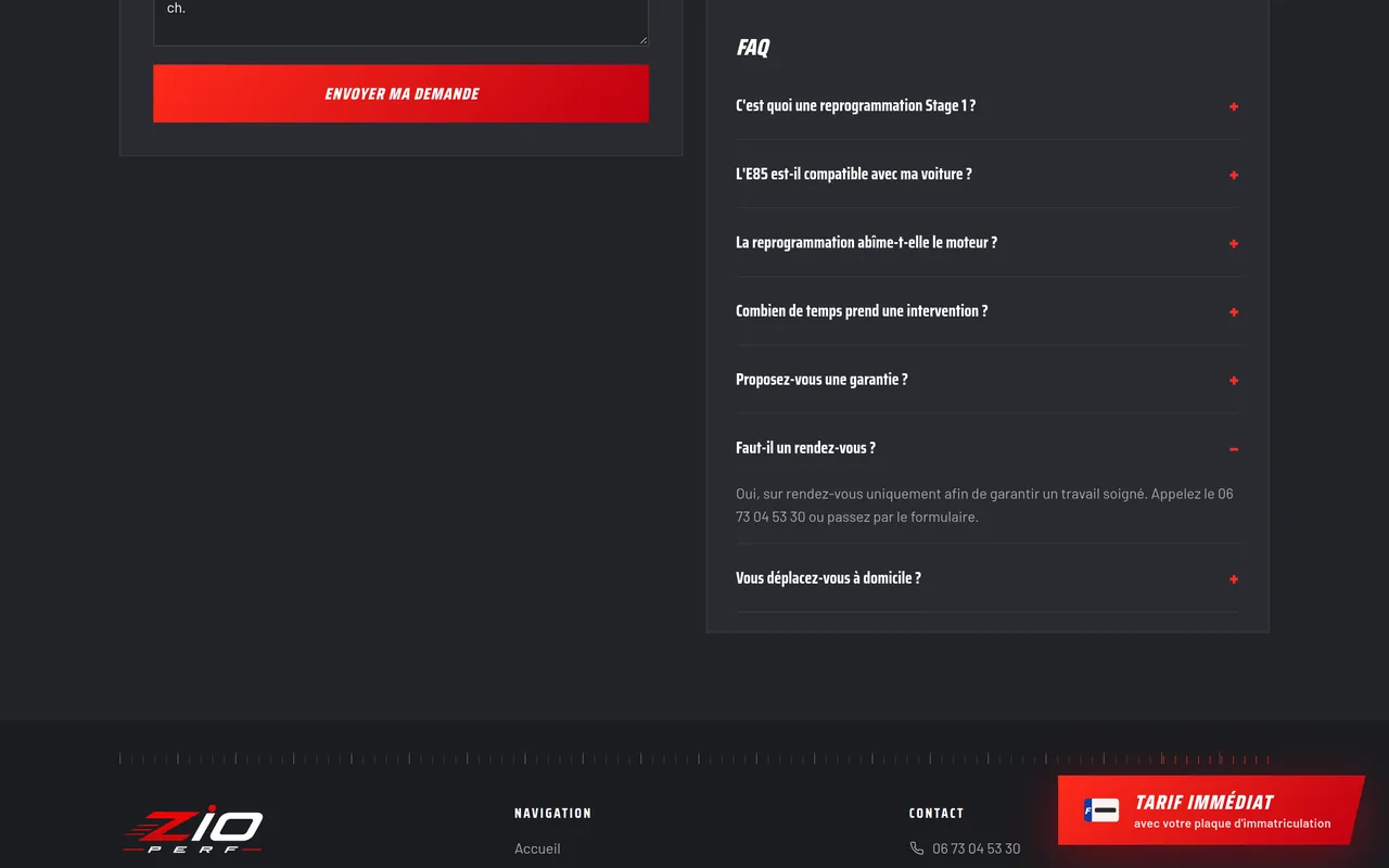 La question « Faut-il un rendez-vous ? » ouverte dans la FAQ du site de ZIO PERF, sur ordinateur.