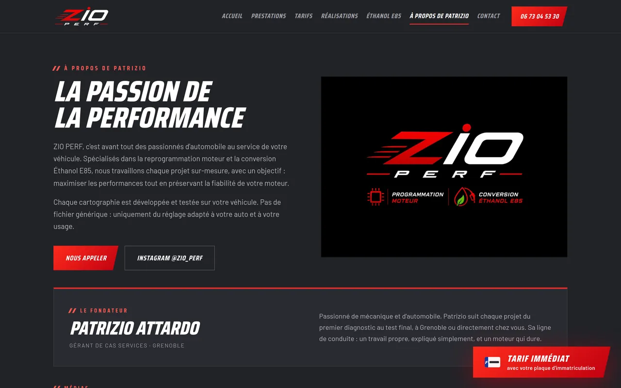 La vue « À propos » du site de ZIO PERF, sur ordinateur.