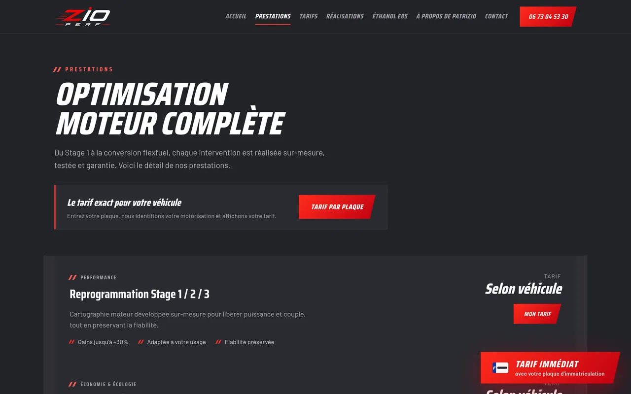 La vue « Prestations » du site de ZIO PERF, sur ordinateur.
