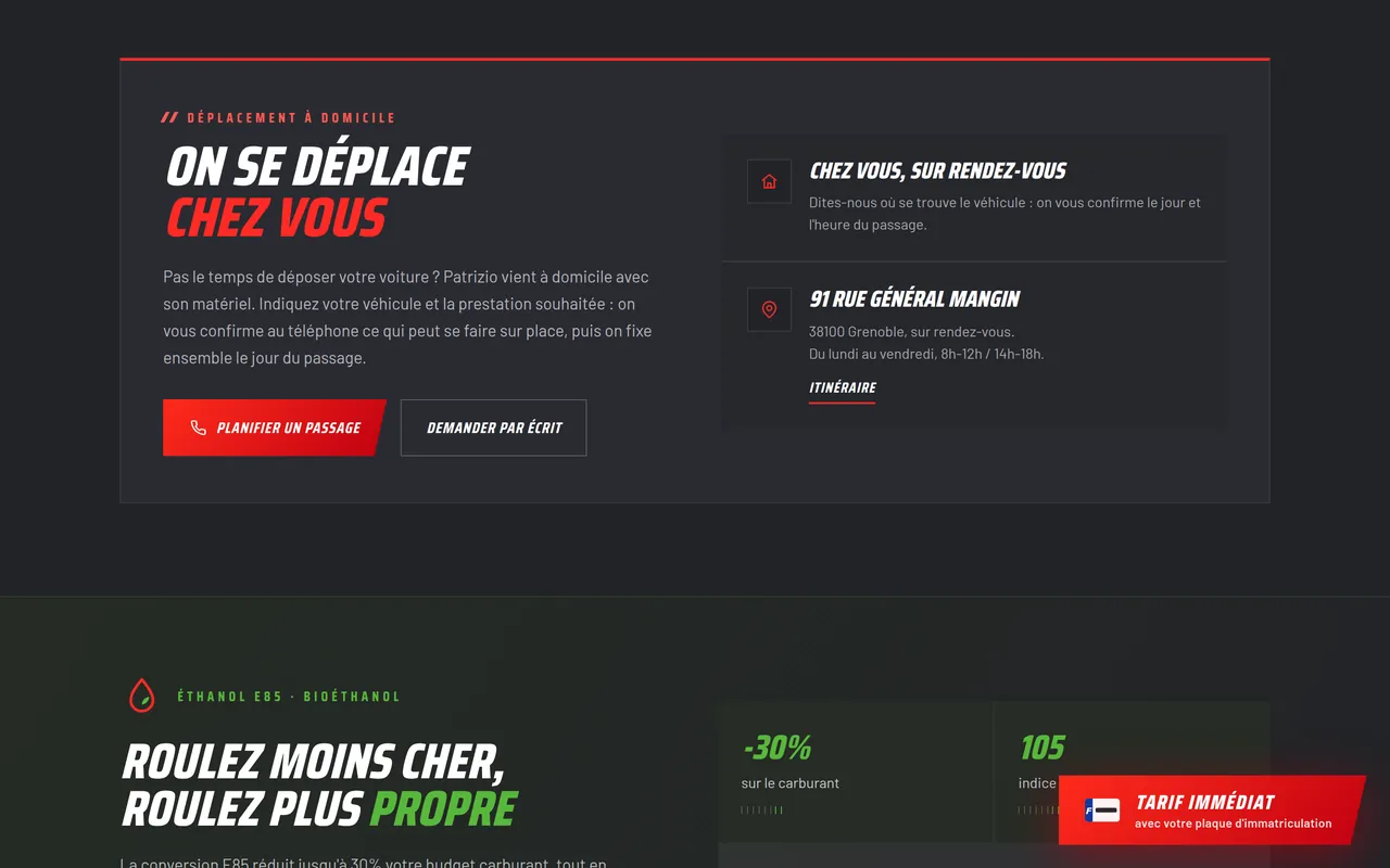 Section « Le déplacement à domicile » de l’accueil du site de ZIO PERF, sur ordinateur.