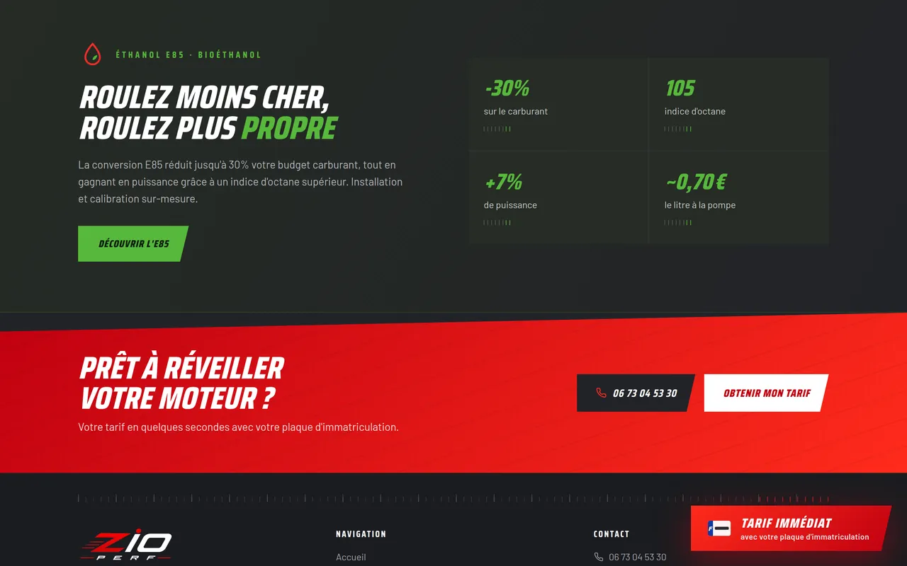 Section « Roulez moins cher, roulez plus propre » de l’accueil du site de ZIO PERF, sur ordinateur.