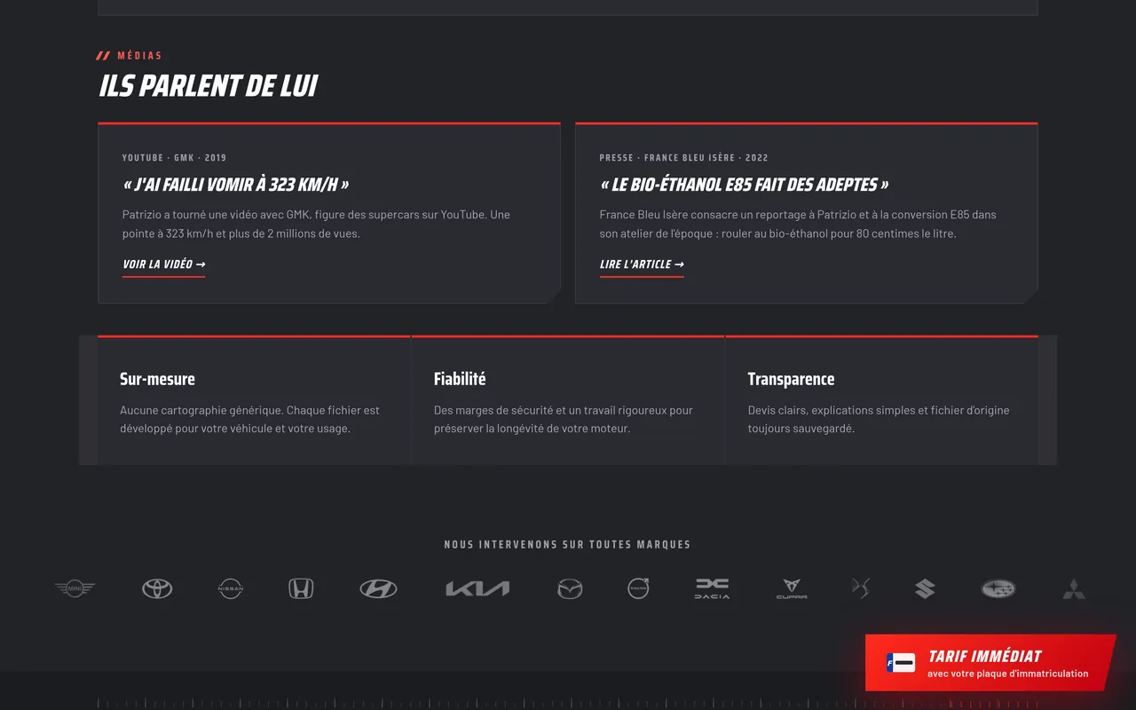 Section « Ils parlent de lui » de la page « À propos » du site de ZIO PERF, sur ordinateur.