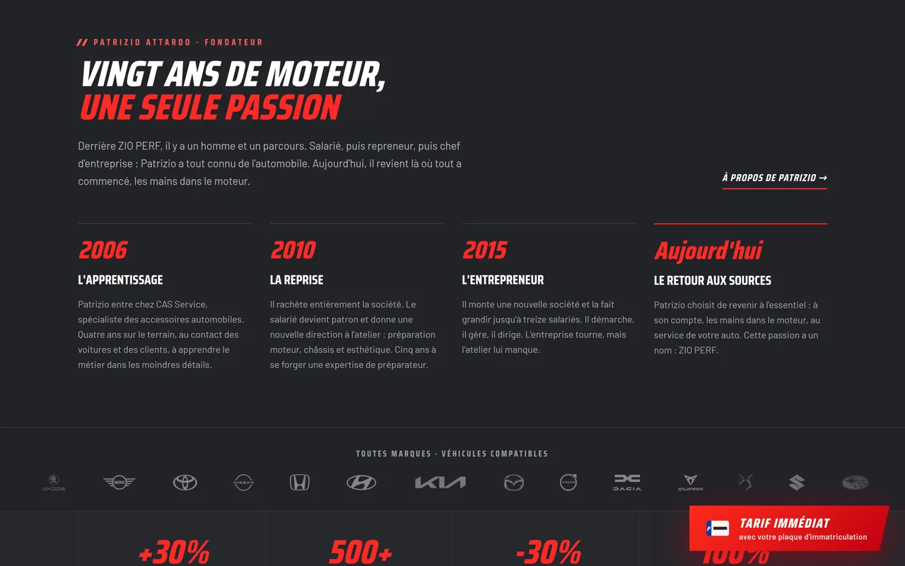 Section « Vingt ans de moteur, une seule passion » de l’accueil du site de ZIO PERF, sur ordinateur.