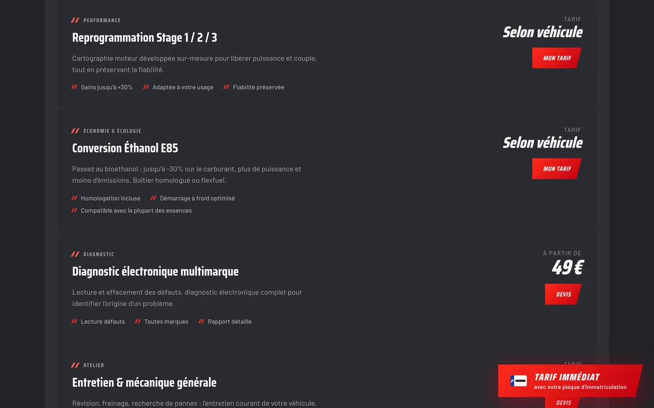 Section « Les lignes des prestations » de la page « Prestations » du site de ZIO PERF, sur ordinateur.