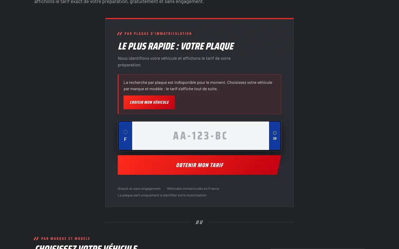 Section « Par la plaque » de la page « Tarifs » du site de ZIO PERF, sur ordinateur.