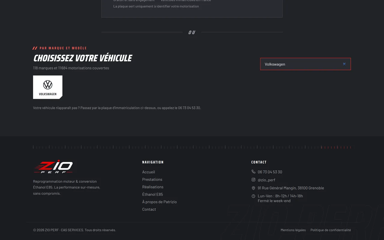 Section « Une marque recherchée » de la page « Tarifs » du site de ZIO PERF, sur ordinateur.