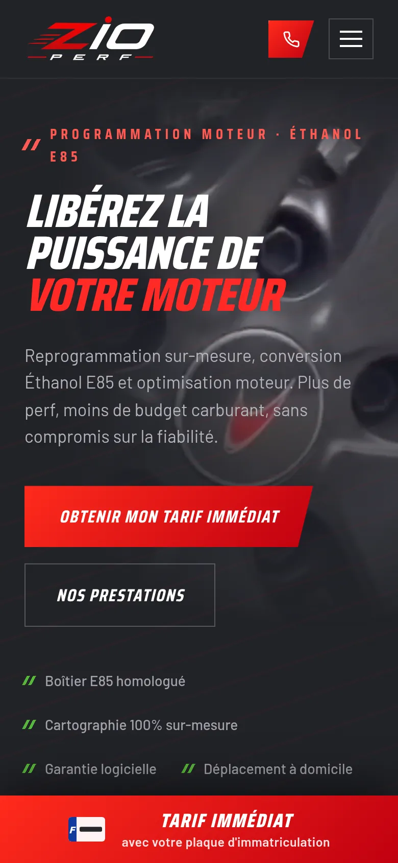 Page d’accueil du site de ZIO PERF, sur téléphone.