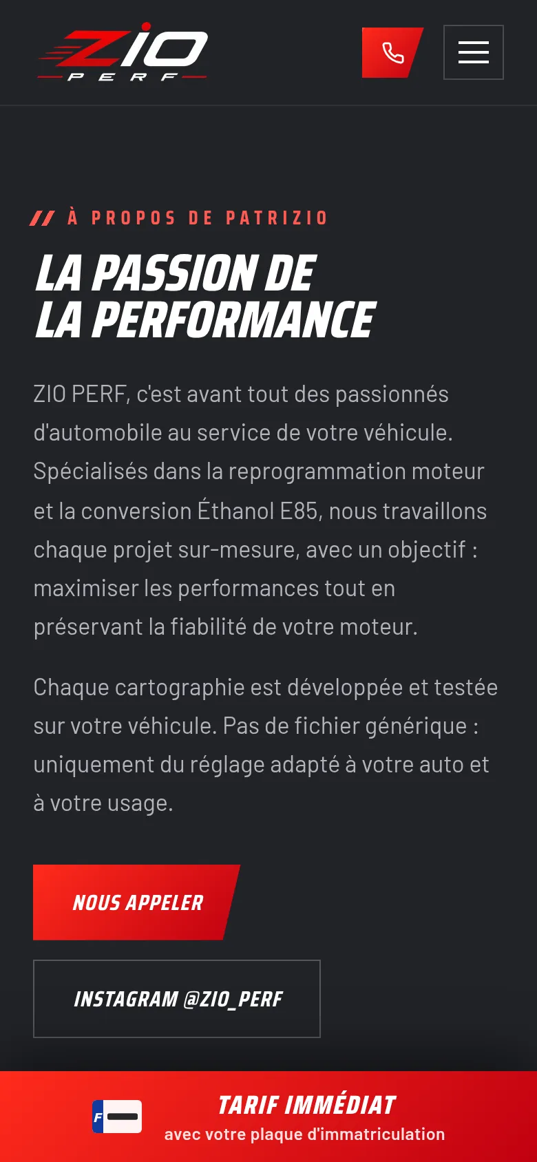 La vue « À propos » du site de ZIO PERF, sur téléphone.