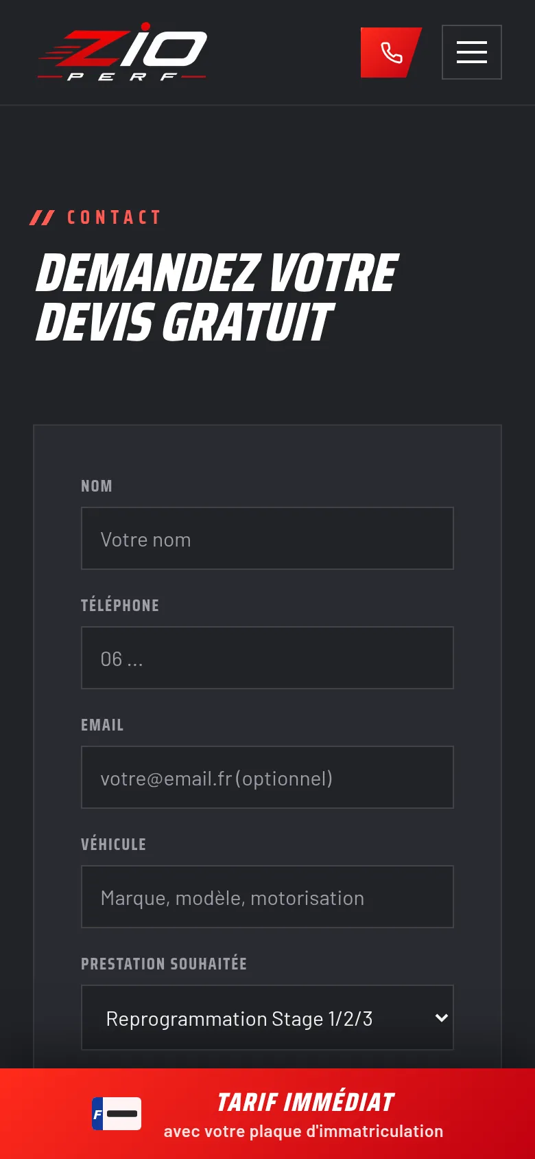 La vue « Contact » du site de ZIO PERF, sur téléphone.
