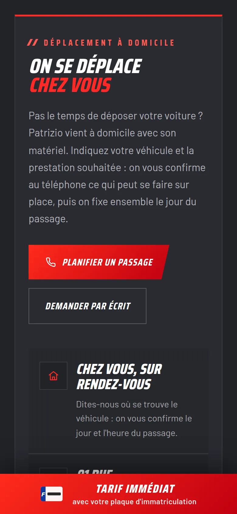 Page « Le déplacement à domicile » du site de ZIO PERF, sur téléphone.