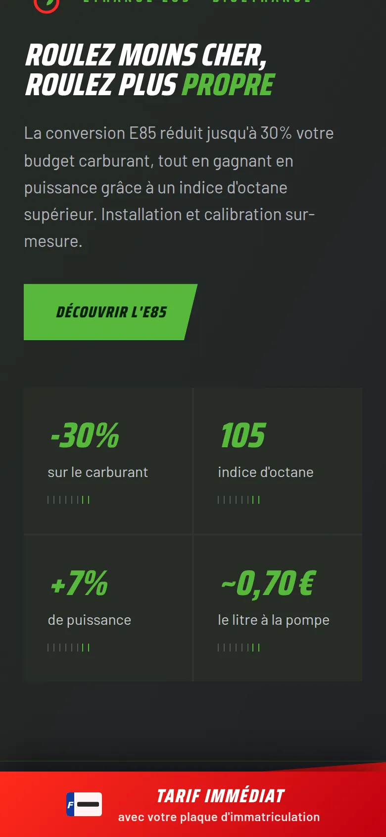 Section « Roulez moins cher » de l’accueil du site de ZIO PERF, sur téléphone.