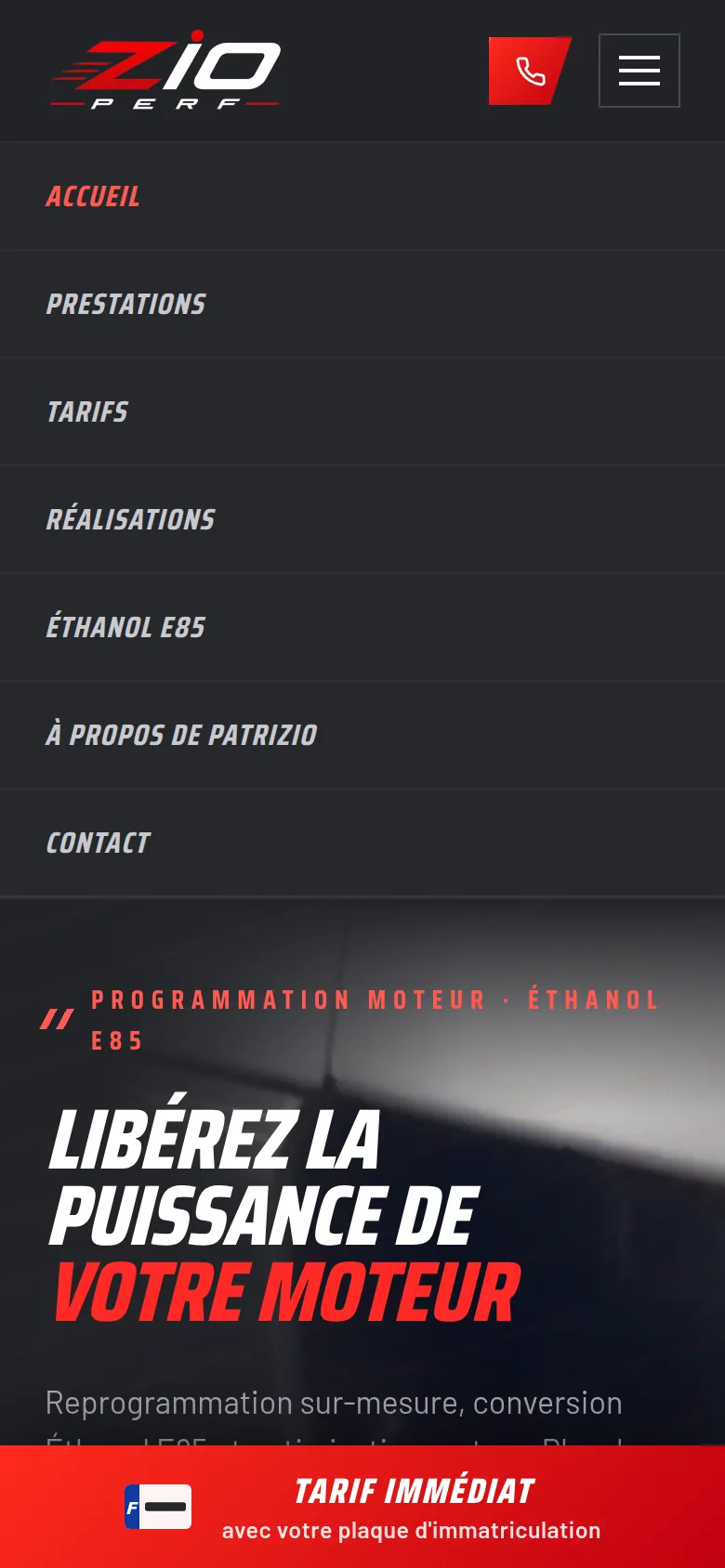 Menu ouvert sur l’accueil du site de ZIO PERF, sur téléphone : accueil, prestations, tarifs, réalisations, éthanol E85, à propos, contact.
