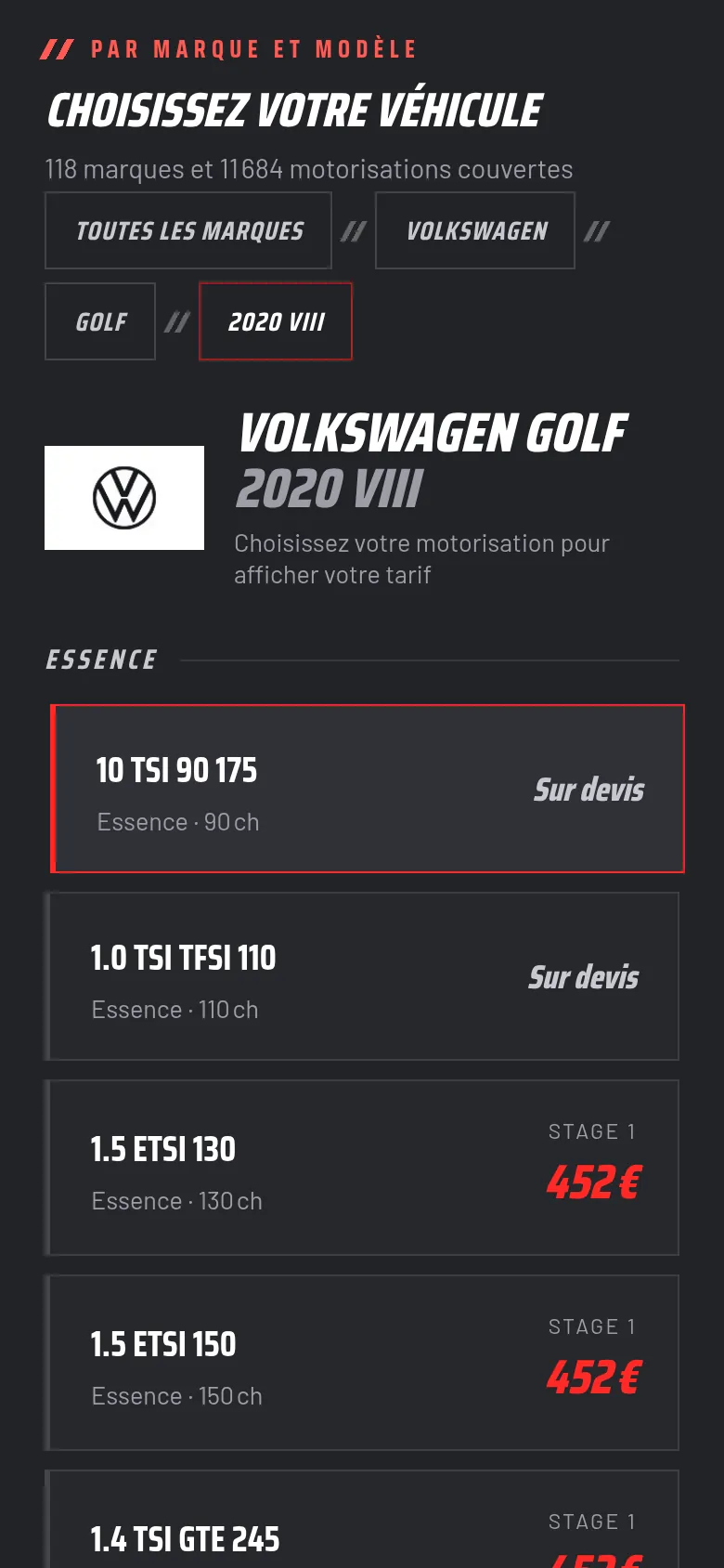 Section « Choisir son moteur » de l’accueil du site de ZIO PERF, sur téléphone.