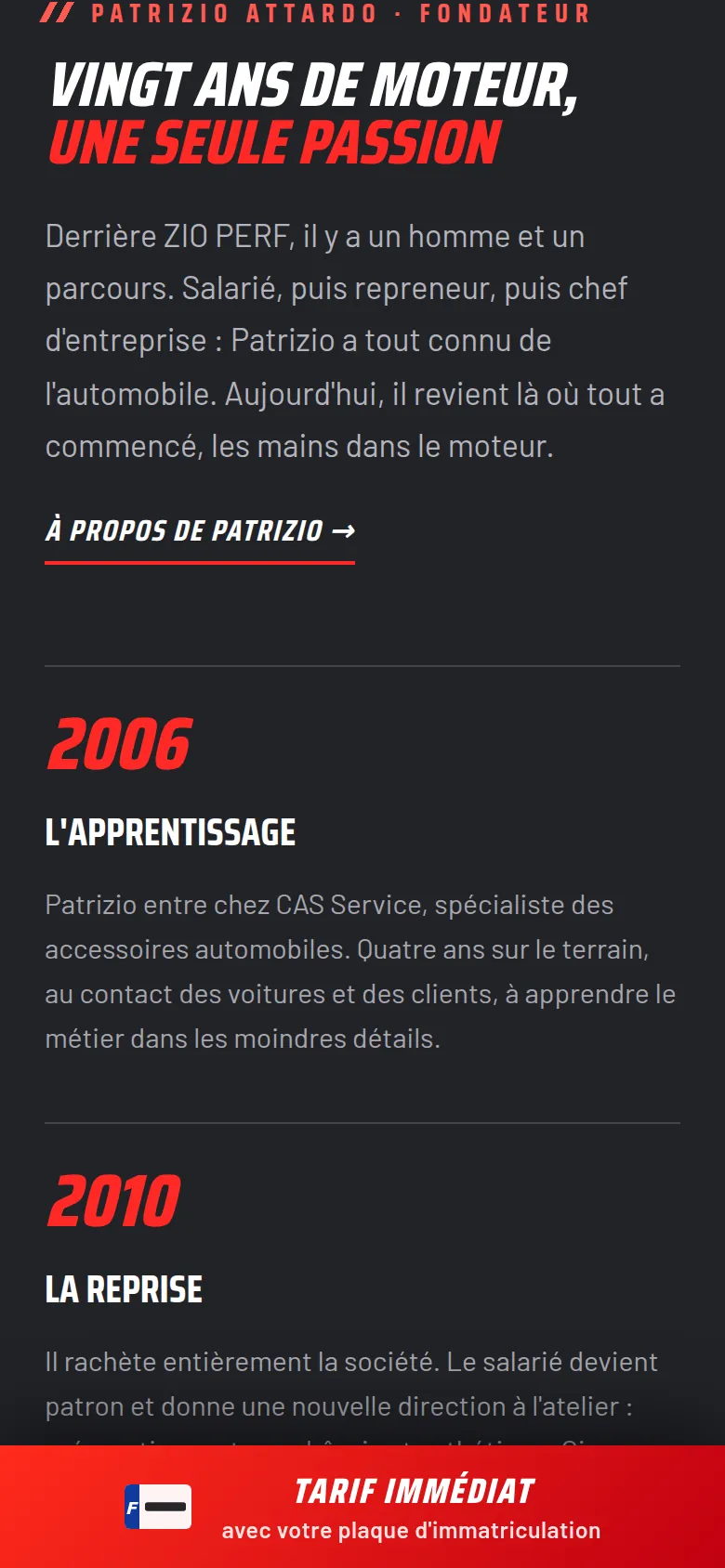 Section « Vingt ans de moteur » de l’accueil du site de ZIO PERF, sur téléphone.