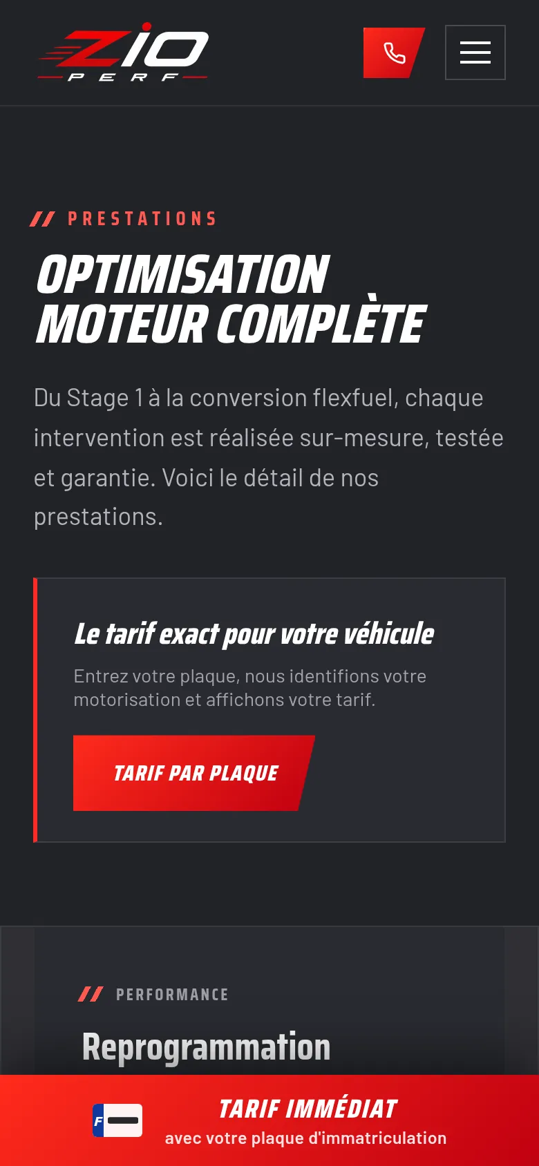 La vue « Prestations » du site de ZIO PERF, sur téléphone.