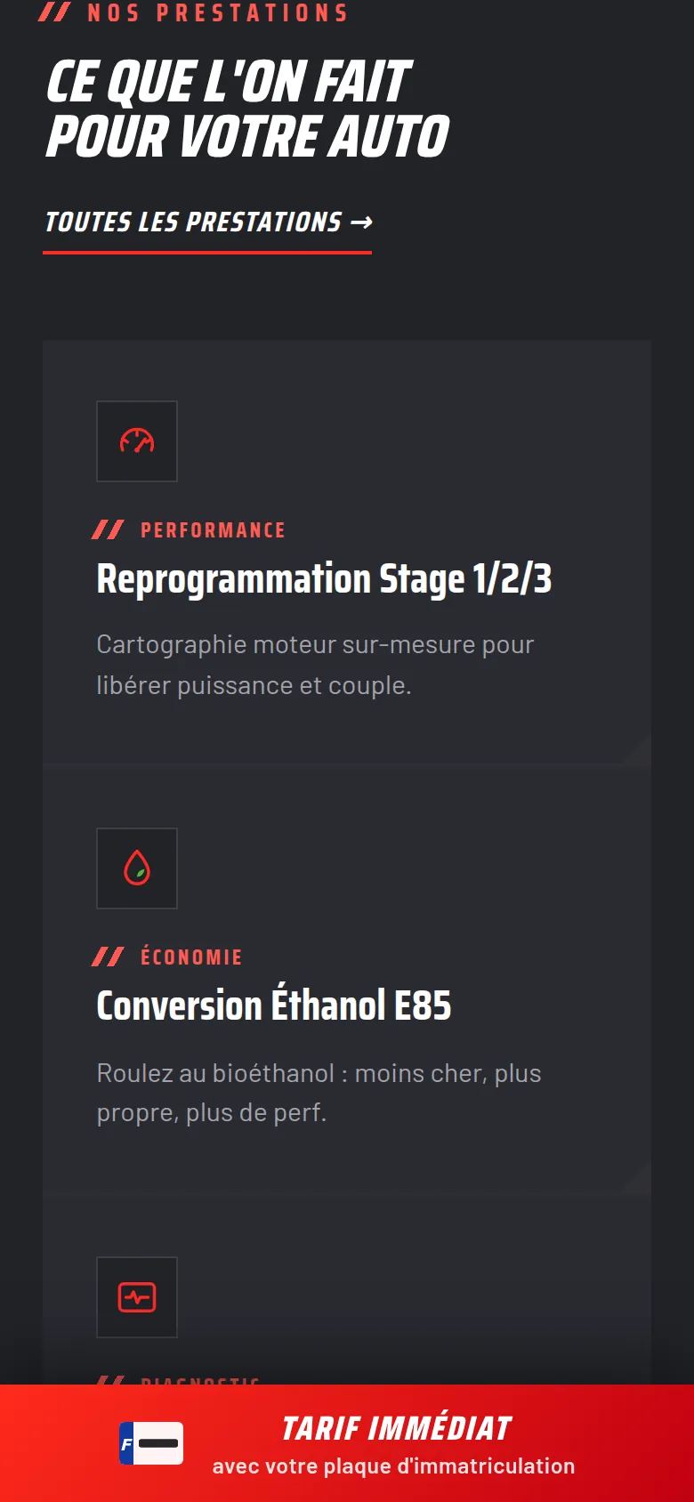 Section « Ce que l’on fait » de l’accueil du site de ZIO PERF, sur téléphone.