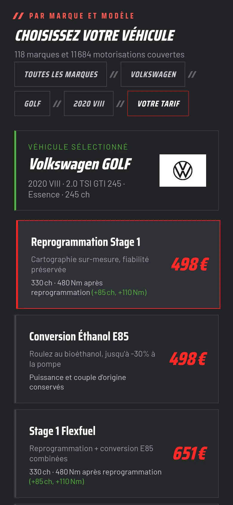 Section « Le tarif de la Golf GTI » de la page « Tarifs » du site de ZIO PERF, sur téléphone.