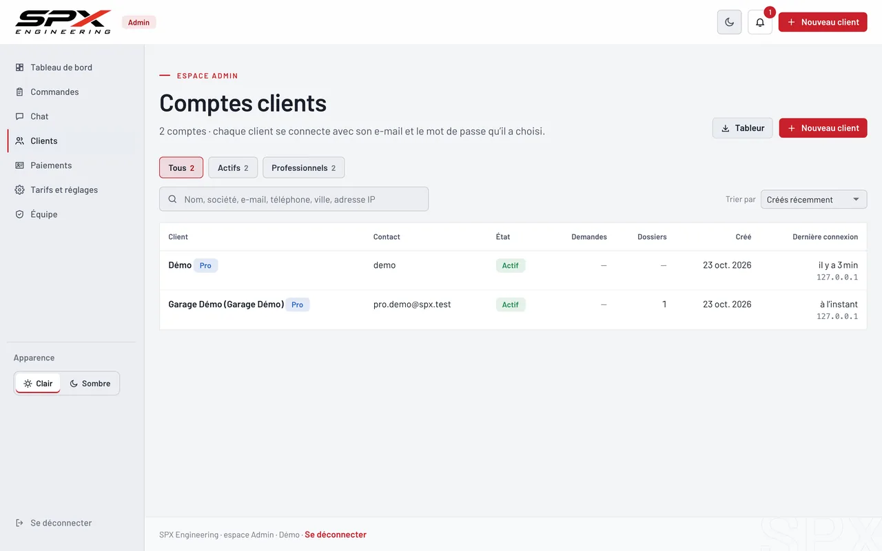 Écran « Les clients » du logiciel SPX Engineering, sur ordinateur.