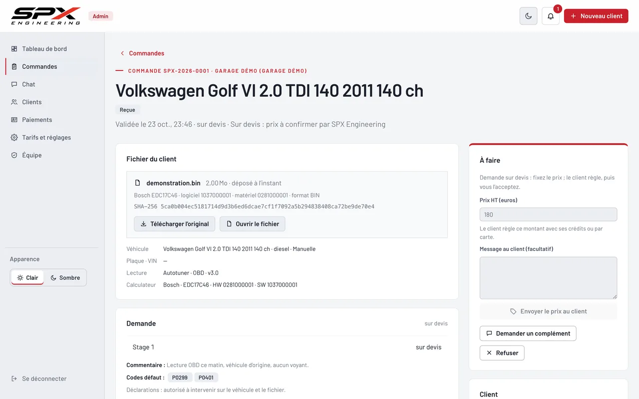 Écran « Une commande » du logiciel SPX Engineering, sur ordinateur.