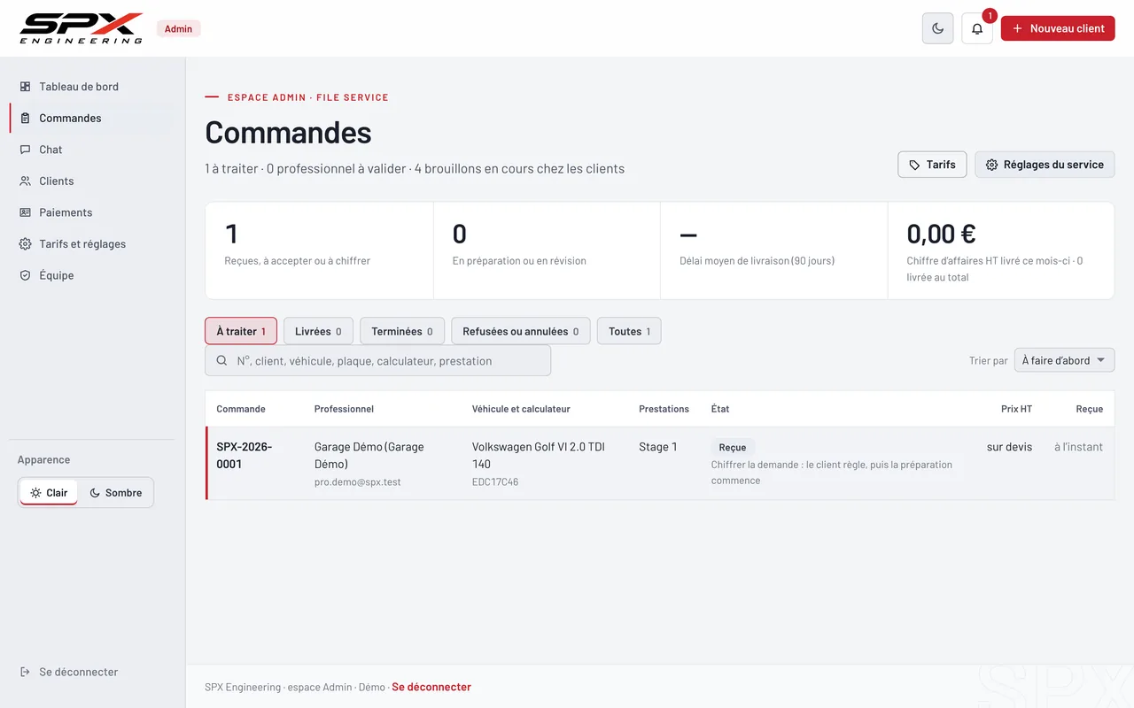 Écran « La file des commandes » du logiciel SPX Engineering, sur ordinateur.