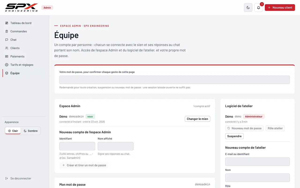 Écran « L’équipe » du logiciel SPX Engineering, sur ordinateur.