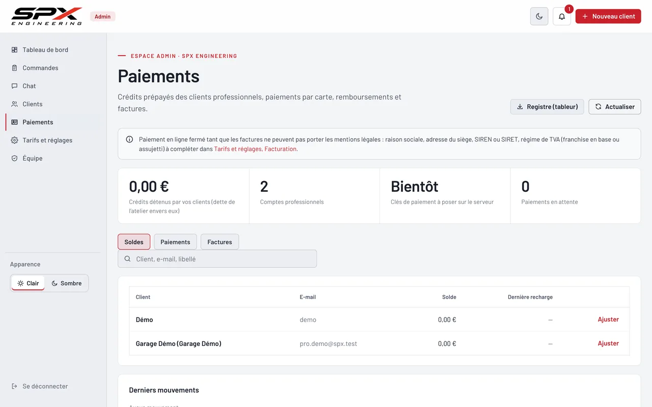 Écran « Les paiements » du logiciel SPX Engineering, sur ordinateur.