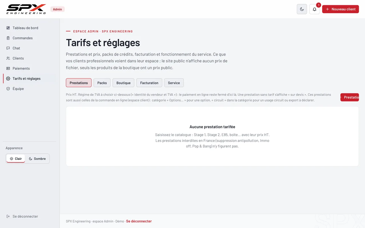 Écran « Tarifs et réglages » du logiciel SPX Engineering, sur ordinateur.