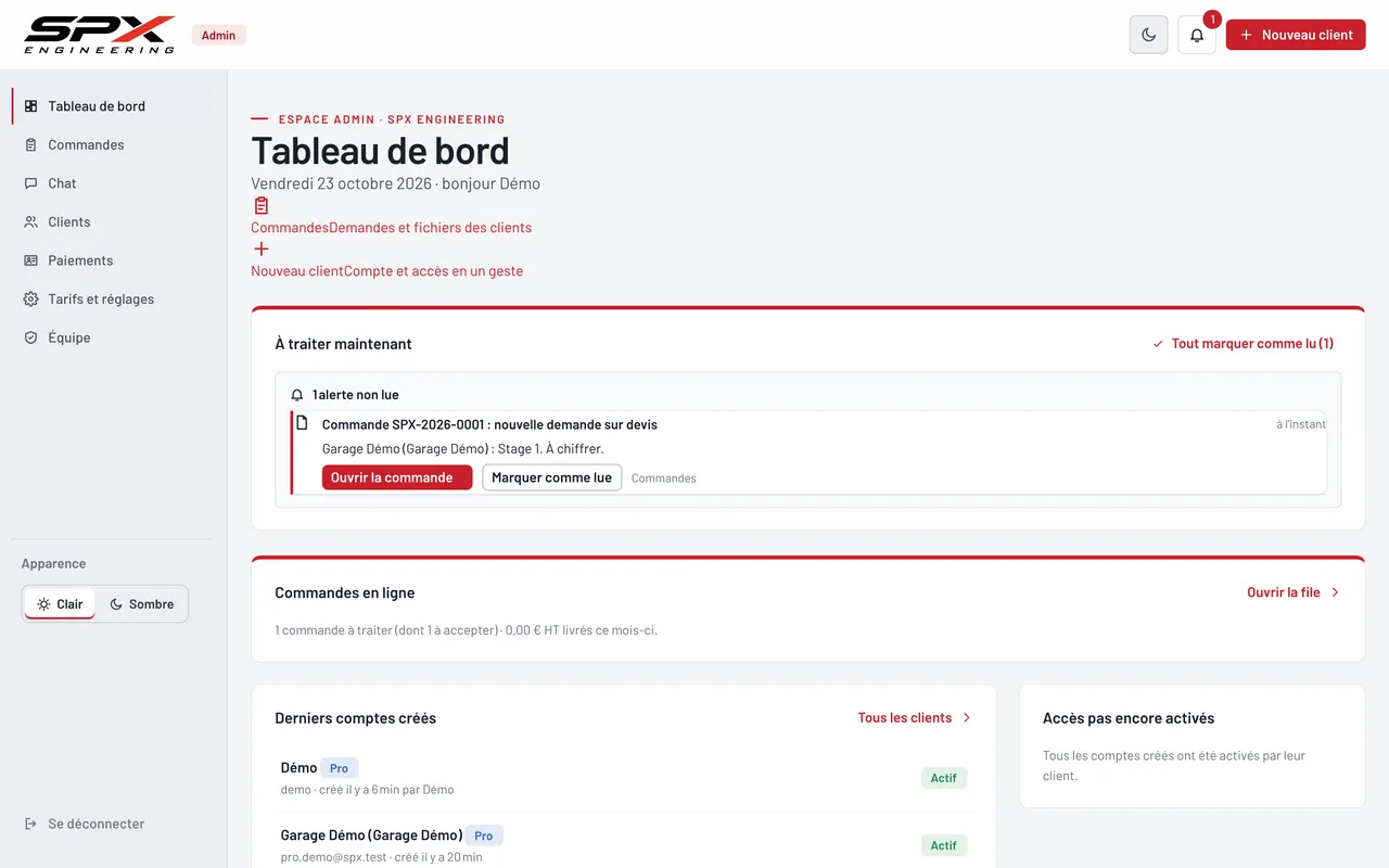 Écran « Le tableau de bord » du logiciel SPX Engineering, sur ordinateur.