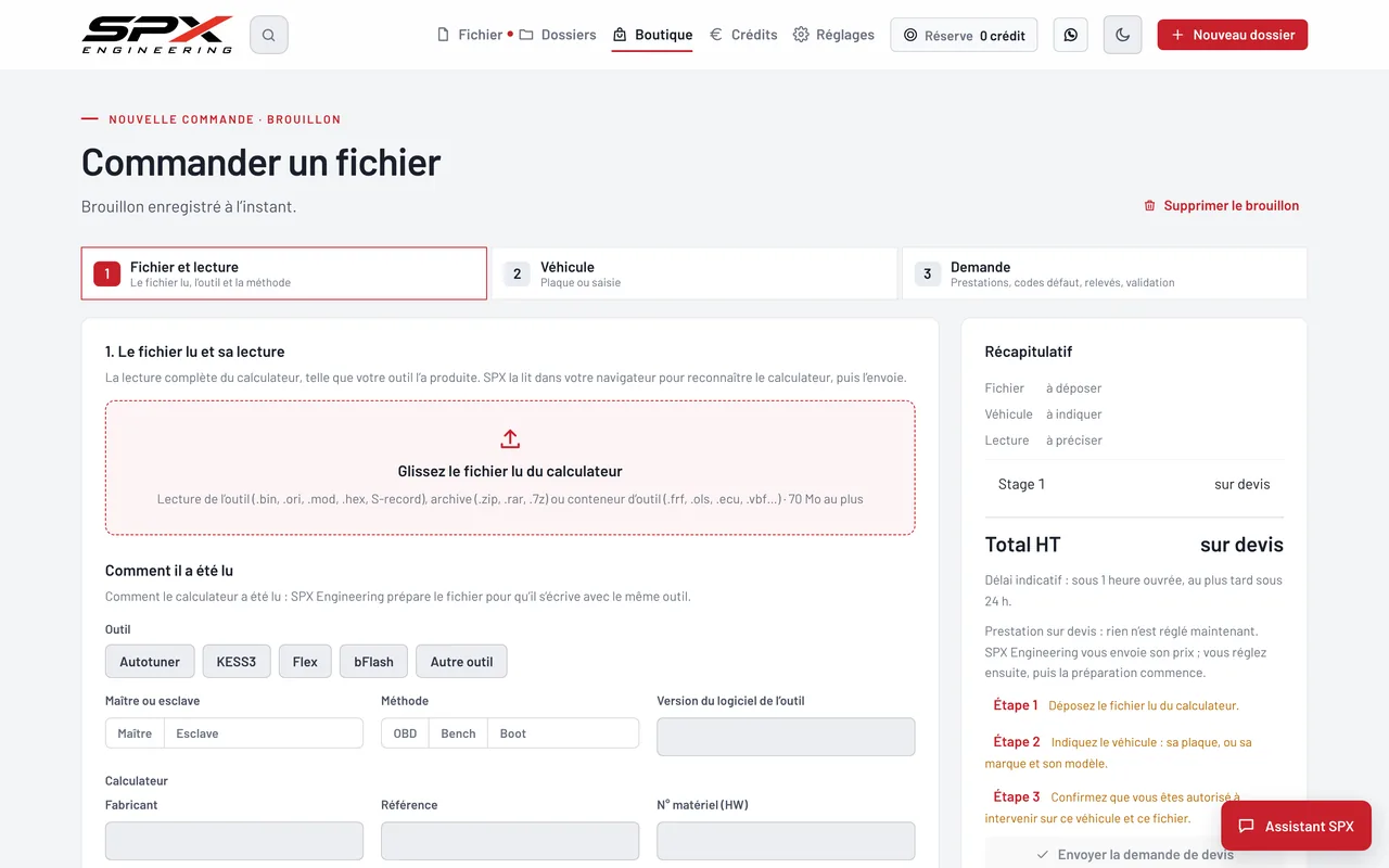 Écran « Commander un fichier » du logiciel SPX Engineering, sur ordinateur.