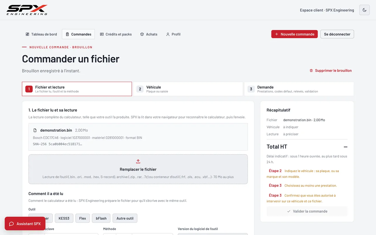 Écran « Étape 1 · Fichier et lecture » du logiciel SPX Engineering, sur ordinateur.