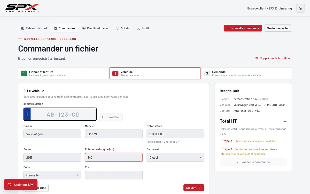 Écran « Étape 2 · Véhicule » du logiciel SPX Engineering, sur ordinateur.