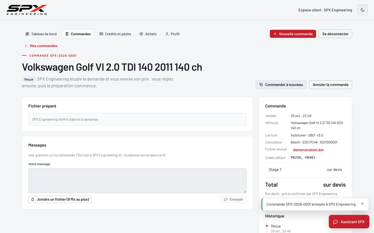 Écran « La commande, créée » du logiciel SPX Engineering, sur ordinateur.