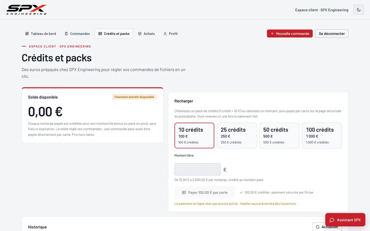 Écran « Crédits et packs » du logiciel SPX Engineering, sur ordinateur.